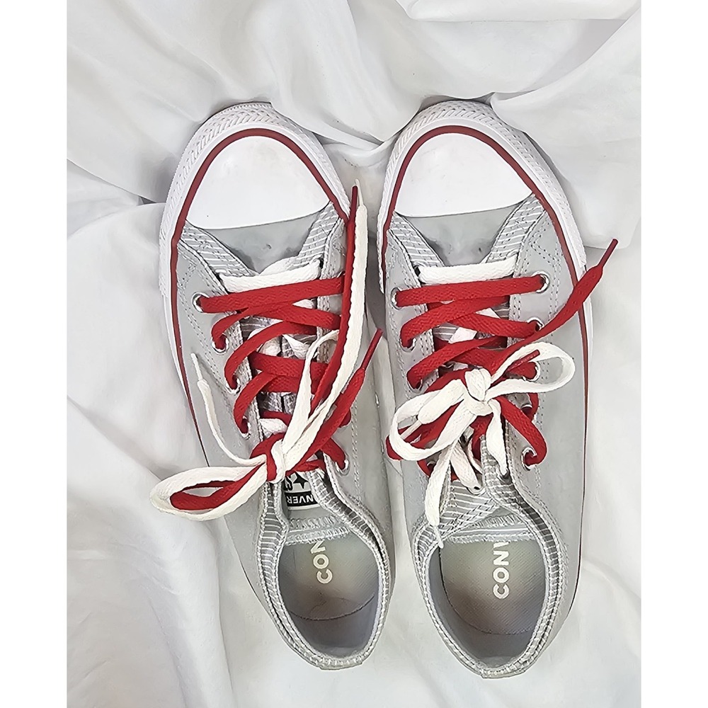 CONVERSE Double Upper Grey & White Sneakers Red And White Laces- Size 9